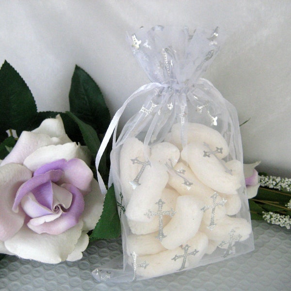 6" x 9" White Organza Bags with Silver Cross Printed for First Communions, Baptism Favors, Christening Favors, 6 bags