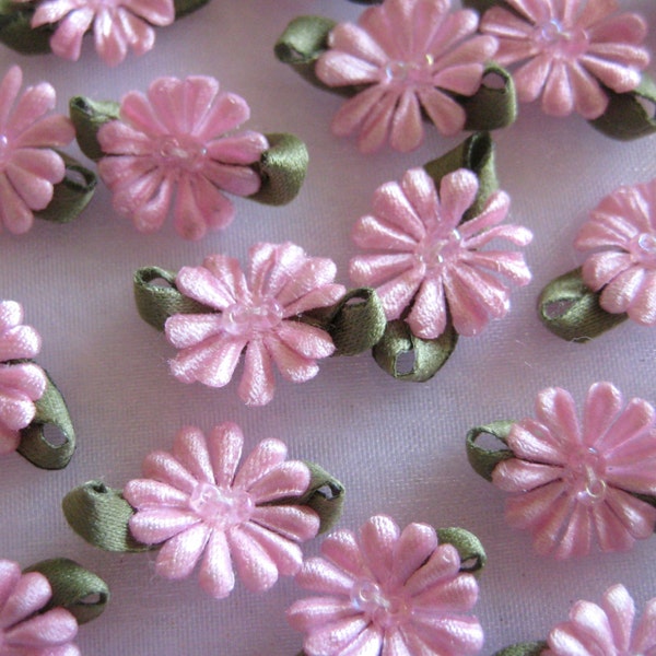 Pink Satin Daisy Flower Appliques with Beads Center for Doll Clothes, Crafting, Sewing, Invitation Cards, 0.75 inch, 15 or 30 pieces