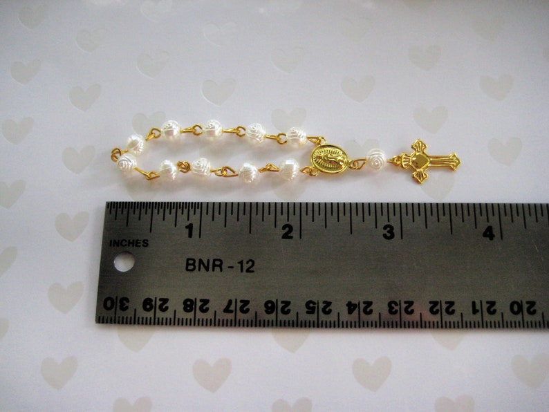 Pearl Mini Rosary with Gold Chain for Christening, Baptism, First Communions Celebration, Religious favors, 3.5 Length, Set of 10 image 2