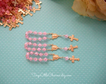 Pink Mini Rosary with Gold Chain for Christening, Baptism, First Communions Celebration, Religious favors, 3.5" Length, Set of 36