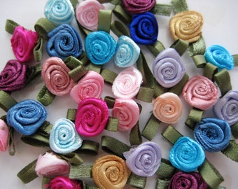 Satin Ribbon Rose Flower with leaves Appliqués Assorted Colors for Crafting, Sewing, Doll's Clothing - 0.75 inch, 30, 50 pieces