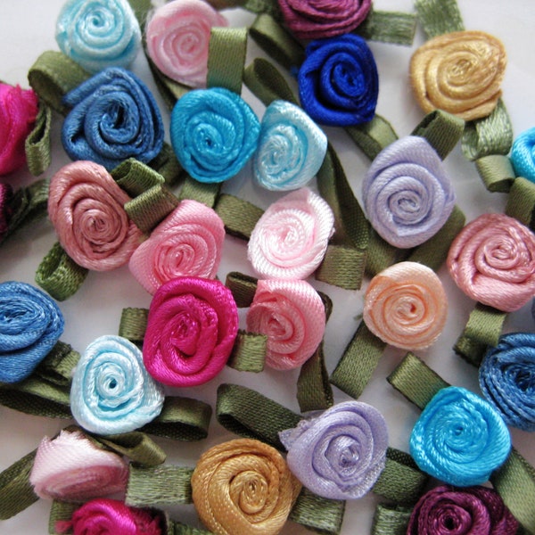 Satin Ribbon Rose Flower with leaves Appliqués Assorted Colors for Crafting, Sewing, Doll's Clothing - 0.75 inch, 30, 50 pieces