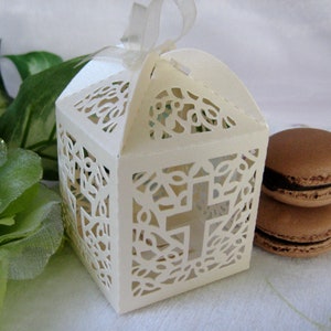 12 boxes Holy Cross Ivory Favor Boxes with Rosary Charm & Gold Ribbon for Christening, Baptism Party, First Communion Celebration image 3