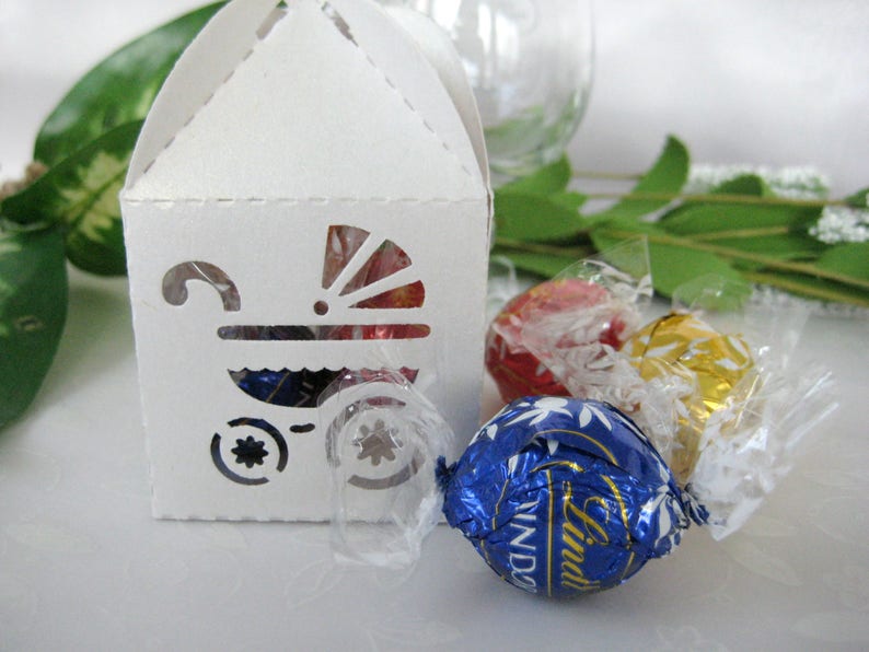FREE SHIPPING White Baby Carriage Party Favor Boxes with Pacifier for Baby Shower Favors