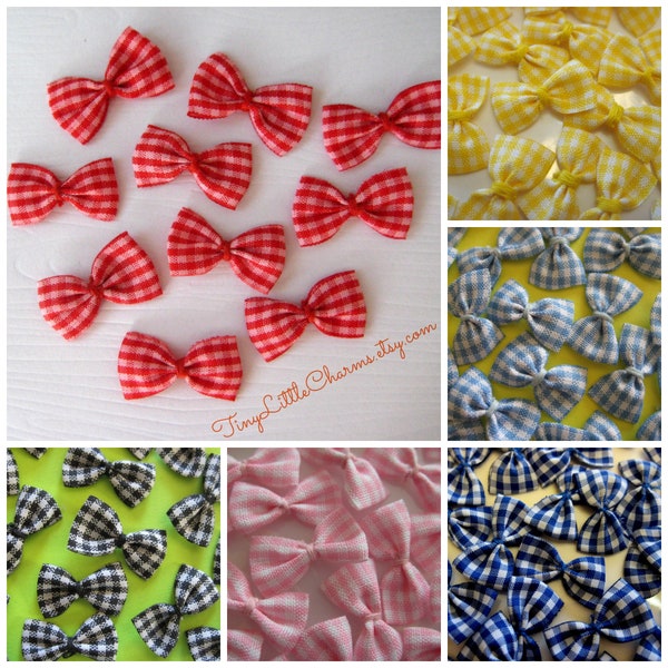 60 Plaid Fabric Bows, Pink, Red, Blue, Yellow, Royal Blue and Black for Sewing, Crafting, Embellishment, 1 inch / 25 mm, 60 pieces
