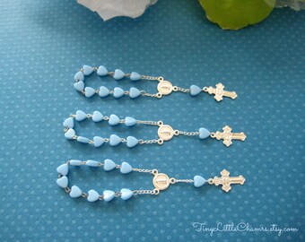 Blue Mini Rosary with Silver for Christening, Baptism, First Communions Celebration, Religious favors, 4" Length, Set of 10