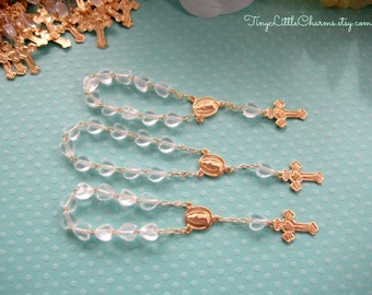 Clear Mini Rosary with Gold Chain for Christening, Baptism, First Communions, Religious favors, 3.5" Length, Set of 10