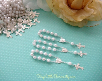 Pearl Mini Rosary with Silver Chain for Christening, Baptism, First Communions Celebration, Religious favors, 3.5" Length, Set of 10