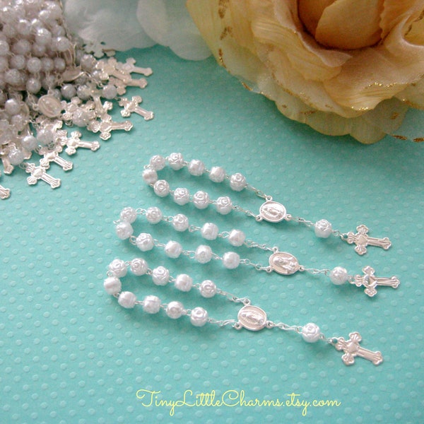 Pearl Mini Rosary with Silver Chain for Christening, Baptism, First Communions Celebration, Religious favors, 3.5" Length, Set of 10