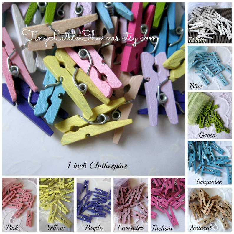 Mini Wooden Clothespins for Gift Tags, Blue, Pink, Natural, Lavender, Purple, Yellow, Green, White, Turquoise, Fuchsia, 1 inch, 30 or 50 pcs image 1