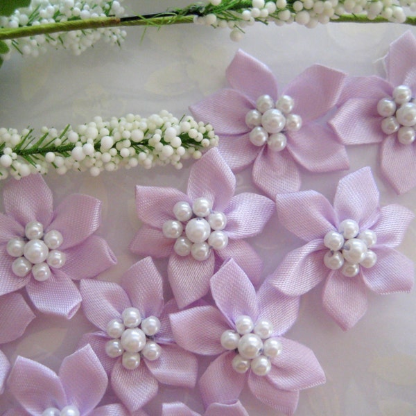 Lavender Satin Flowers 7 Pearls center for Sewing, Crafting, Party Dresses, Flower Belt Sash, 12 pieces,  1.5 inches / 4 cm