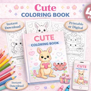 Puede incluir: Un libro para colorear rosa y blanco titulado "Cute Coloring Book" con un canguro sosteniendo un corazón en la portada. La imagen incluye páginas para colorear, lápices de colores y un teléfono inteligente que muestra la portada del libro.