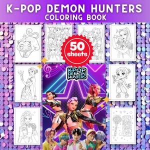 Puede incluir: Un libro para colorear K-Pop Demon Hunters con 50 hojas. La portada presenta un grupo de personajes animados y el título en morado. En el interior, hay varias ilustraciones en blanco y negro de personajes y objetos temáticos de K-Pop.