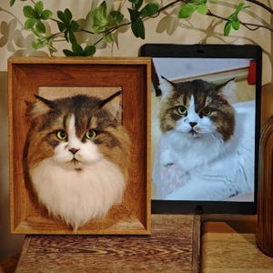May include: A framed cat portrait with a fluffy, three-dimensional appearance. The cat has brown, white, and tan fur, with yellow eyes. Next to the framed portrait is a digital image of the same cat on a tablet.