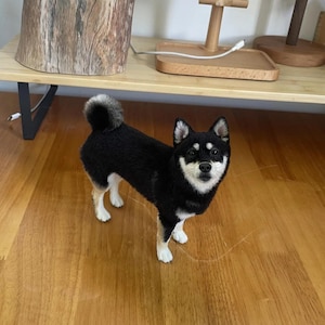 May include: A black and white Shiba Inu dog ornament. The dog has a fluffy black coat with white markings on its face, chest, and paws. The dog is standing on a wooden floor, with a neutral background.