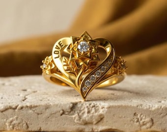 Heart Flower Love Ring 925 Sterling Silver 14K Gold Vermeil Romantic Floral Statement Band Gift for Her
