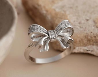 Diamond Bow Ring 925 Sterling Silver Polished Finish Ribbon Knot Statement Band Coquette Jewelry Gift for Her