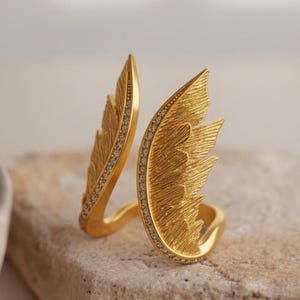 Angel Wing Ring 925 Sterling Silver 14K Gold Vermeil Feather Statement Band Spiritual Jewelry Gift image 1