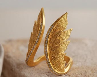 Angel Wing Ring 925 Sterling Silver 14K Gold Vermeil Feather Statement Band Spiritual Jewelry Gift