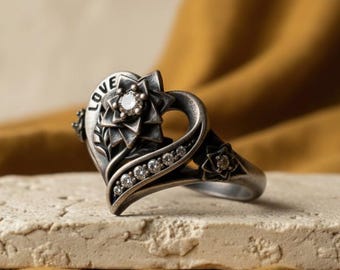 Heart Flower Love Ring 925 Sterling Silver Oxidized Finish Floral Statement Band Romantic Gift