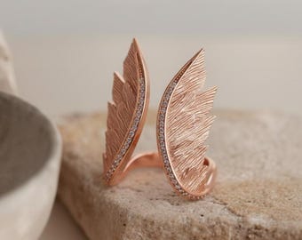 Angel Wing Ring 925 Sterling Silver Rose Gold Plated Statement Band Feather Jewelry Guardian Angel Gift