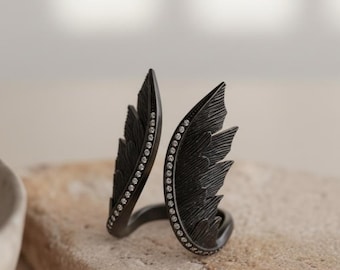 Angel Wing Ring 925 Sterling Silver Black Rhodium Plated Gothic Feather Statement Band Unisex Gift