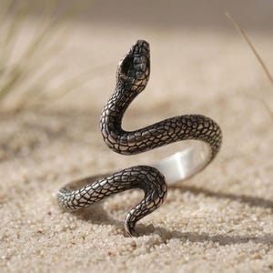Könnte beinhalten: Ein silberfarbener Metallring in Form einer gewundenen Schlange mit detaillierter Schuppenstruktur auf dem Körper. Der Schlangenkopf ist an einem Ende erhoben, während sich der Schwanz zum Ring biegt und ein offenes Design mit glattem Finish bildet.