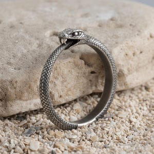May include: A silver-toned metal ring shaped like a snake biting its own tail. The band features a detailed, textured scale pattern covering the entire exterior surface, with the snake head showing defined eyes, nostrils, and visible fangs.