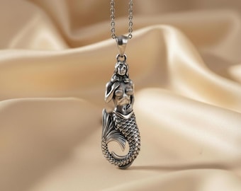 Mermaid Pendant 925 Sterling Silver Oxidized Finish Nautical Necklace Mythology Charm Ocean Jewelry Gift for Her