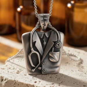 Op de afbeelding: Zilverkleurige hangerketting met een ontwerp van een doktersjas, compleet met een stethoscoop en een hartslaglijn. De hanger heeft een zak met een pen en hangt aan een fijne ketting. Een ketting met een medisch thema.