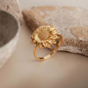 Sunflower Ring 925 Sterling Silver 14K Gold Vermeil Floral Statement Band Nature Jewelry Gift for Her