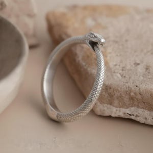 May include: A silver-coloured ring shaped like a snake biting its own tail. The band features a detailed, textured scale pattern covering the entire surface, with the snake's head clearly defined at the top, showing eyes and a mouth.