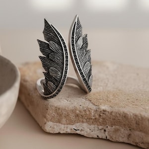 Angel Wing Ring 925 Sterling Silver 14K Gold Vermeil Feather Statement Band Spiritual Jewelry Gift Oxidized Matte
