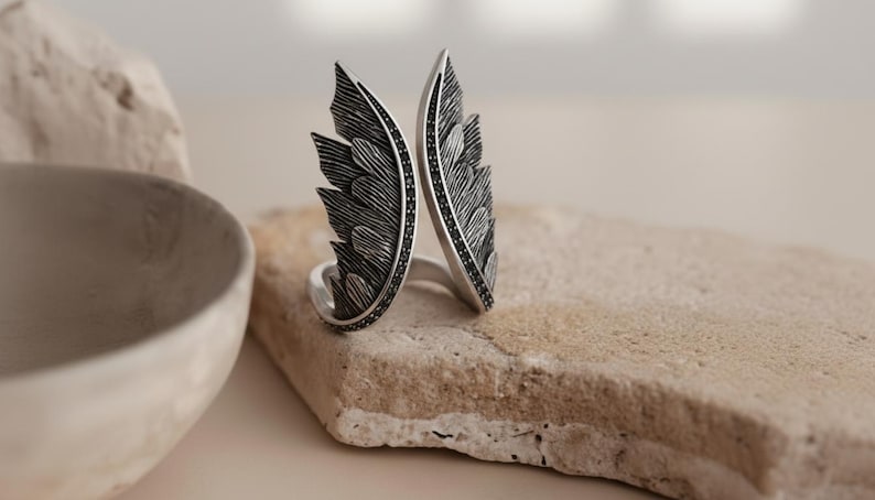 Angel Wing Ring 925 Sterling Silver 14K Gold Vermeil Feather Statement Band Spiritual Jewelry Gift Oxidized Matte