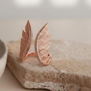 Angel Wing Ring 925 Sterling Silver 14K Gold Vermeil Feather Statement Band Spiritual Jewelry Gift Rose Plated Silver
