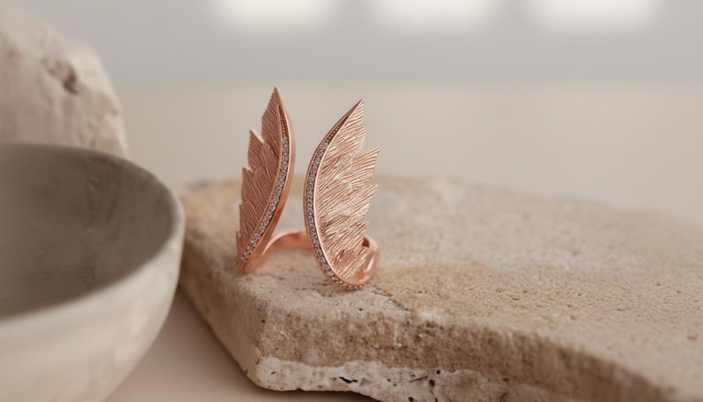 Angel Wing Ring 925 Sterling Silver 14K Gold Vermeil Feather Statement Band Spiritual Jewelry Gift Rose Plated Silver