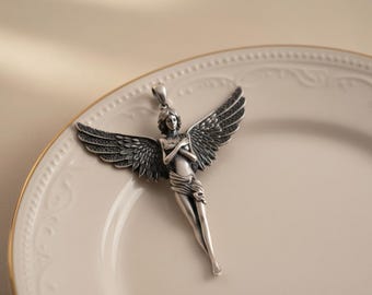 Guardian Angel Pendant 925 Sterling Silver Oxidized Finish Winged Figure Necklace Religious Mythology Jewelry