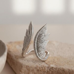Angel Wing Ring 925 Sterling Silver 14K Gold Vermeil Feather Statement Band Spiritual Jewelry Gift Polished Silver