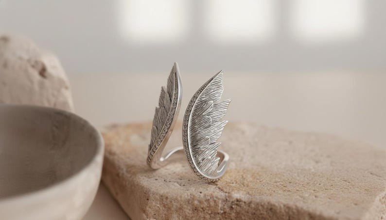 Angel Wing Ring 925 Sterling Silver 14K Gold Vermeil Feather Statement Band Spiritual Jewelry Gift Polished Silver