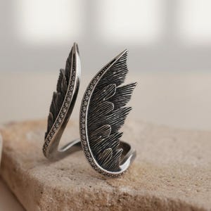 Angel Wing Ring 925 Sterling Silver 14K Gold Vermeil Feather Statement Band Spiritual Jewelry Gift image 3