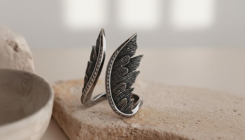 Angel Wing Ring 925 Sterling Silver 14K Gold Vermeil Feather Statement Band Spiritual Jewelry Gift image 3