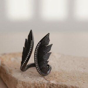 Angel Wing Ring 925 Sterling Silver 14K Gold Vermeil Feather Statement Band Spiritual Jewelry Gift Black Rhodium Plated
