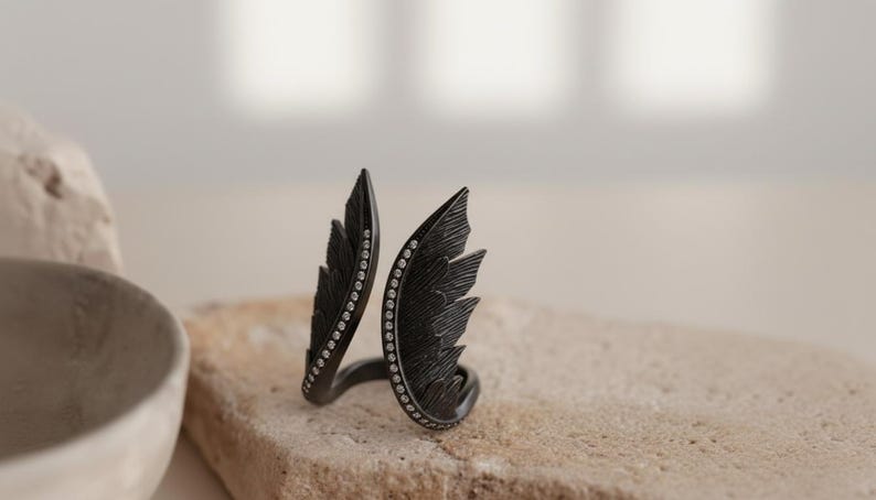 Angel Wing Ring 925 Sterling Silver 14K Gold Vermeil Feather Statement Band Spiritual Jewelry Gift Black Rhodium Plated
