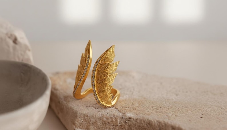 Angel Wing Ring 925 Sterling Silver 14K Gold Vermeil Feather Statement Band Spiritual Jewelry Gift image 1