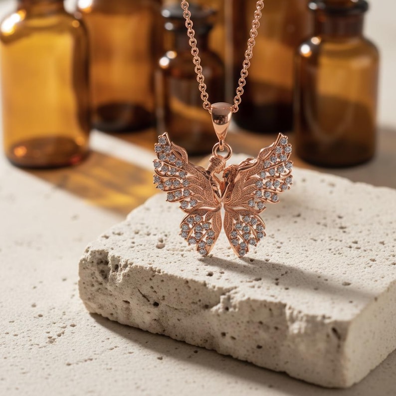 Butterfly Lovers Pendant 925 Sterling Silver Rose Gold Plated Romantic Couple Necklace Art Nouveau Statement Jewelry Rose Gold Plated