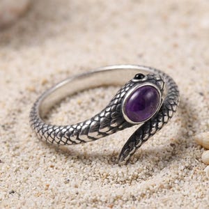 Ametist-ormring, oxiderat 925 sterlingsilver, ormomslag i statement-stil