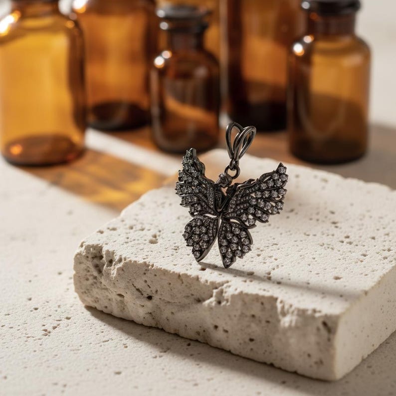 Butterfly Lovers Pendant 925 Sterling Silver Rose Gold Plated Romantic Couple Necklace Art Nouveau Statement Jewelry Black Rhodium Plated