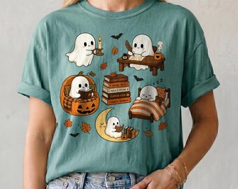 Comfort Colors® Cozy Ghost Reading Shirt, Halloween Book Lover Tee, Cute Spooky Ghost Shirt, Fall Reader Shirt, Ghost Book Club Gift