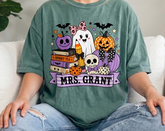 Comfort Colors® Halloween Teacher Shirt, Personalized Spooky Teacher Tee, Ghost Teacher Shirt, Pumpkin School Tee, Halloween Teacher Gift