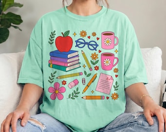 Teacher Life Collage Comfort Colors® Shirt, Cute School Graphic Tee, Coquette Teacher Stamp Scrapbook Shirt, Teaching Tee, Gift for Teacher